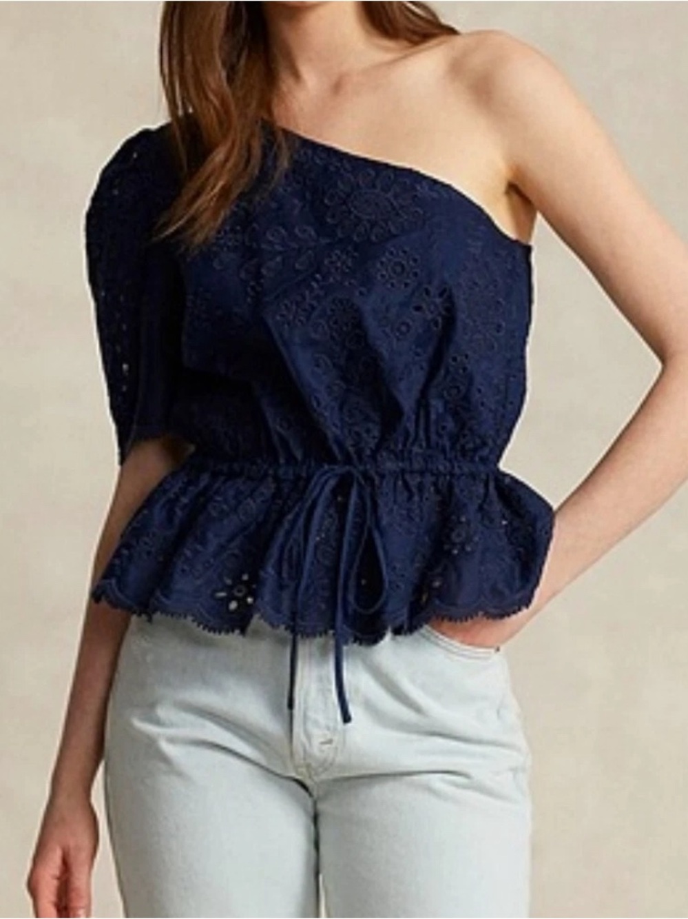 Polo Ralph Lauren one -Shoulder Eyelet Linen Top Newport navy